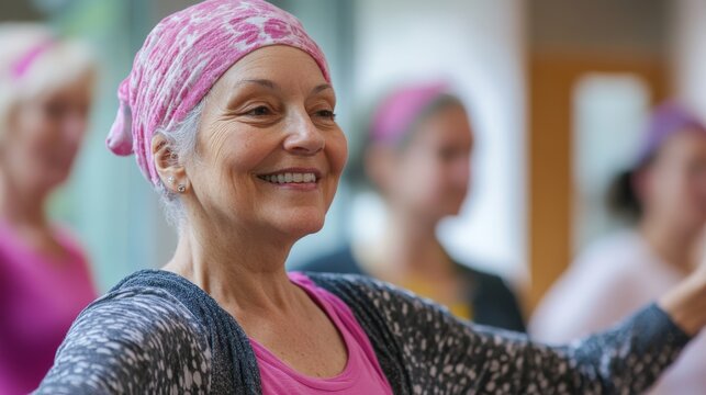 Elderly caucasian female enjoying group dance class indoors