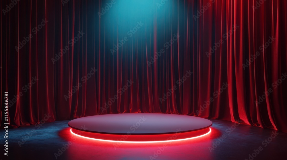 Poster illuminated circular stage with red curtains and neon lights.