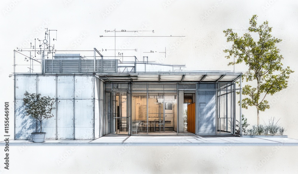 Poster architectural sketch of a modern house with a large window and outdoor patio, shown with technical d