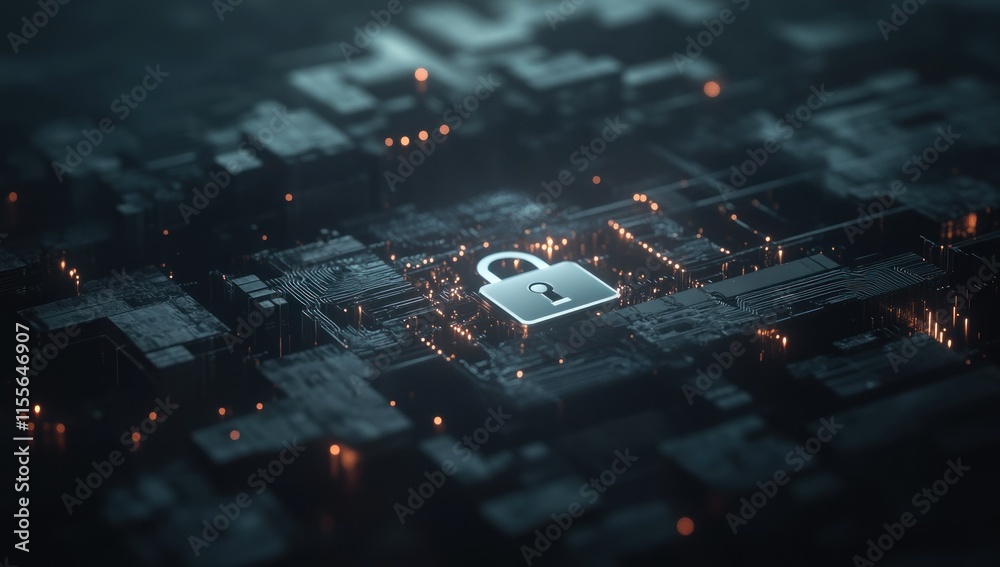 Poster cyber security concept glowing padlock on a circuit board.