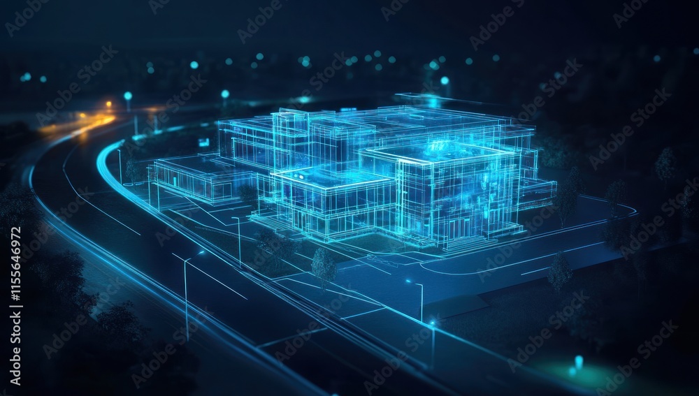 Aufkleber futuristic building architectural blueprint model digitally rendered at night.