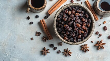 Bowl of raisins with cinnamon, star anise, and coffee. (1)
