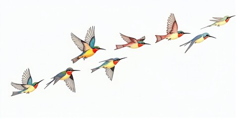 A vibrant flock of colorful birds soars dynamically through the sky, embodying freedom and the beauty of nature.