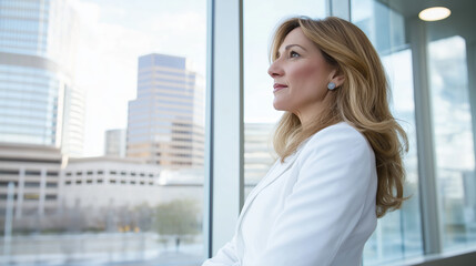 Fototapeta premium Mature businesswoman in white blazer looking at city view. Corporate leadership campaign
