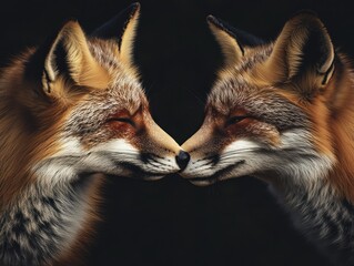 Fototapeta premium Two red foxes touching noses, close-up.