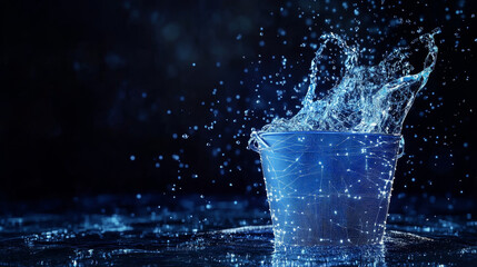 Hologram bucket of water. Bucket of water made of polygons, triangles, dots, and lines. Low-poly bucket of water structure of connections. Technology concept vector.