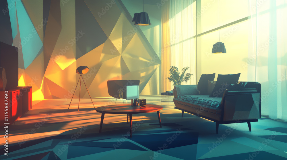 Wall mural hologram virtual reality programming. virtual reality programming made of polygons, triangles, dots,