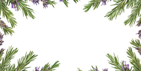 Rosemary and lavender frame with white background.
