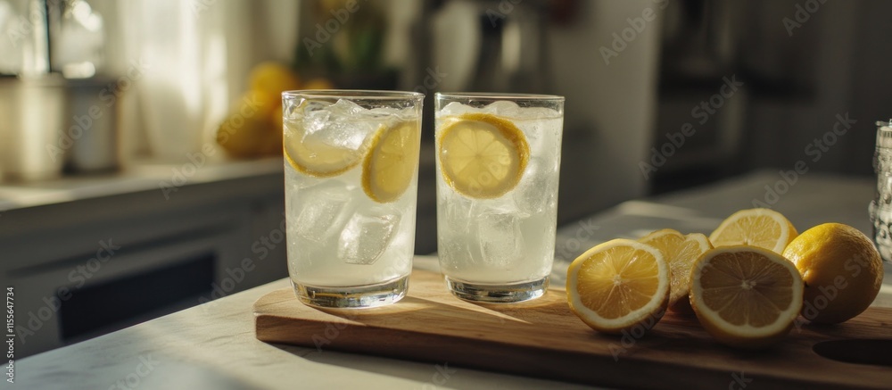 Poster two glasses of refreshing lemonade with ice and lemon slices on a wooden board.