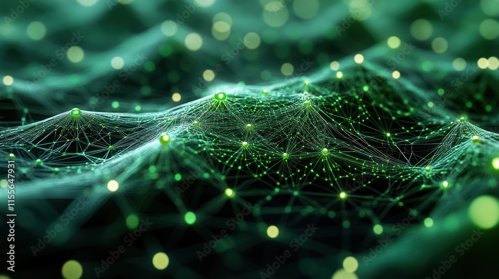 Poster Abstract green glowing network connection nodes.