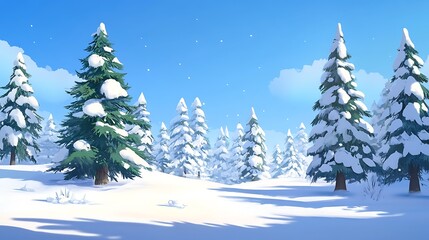 Obraz premium A tranquil holiday setting with snow-covered pine trees under a clear blue sky