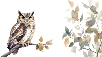 Obraz premium Watercolor owl perched on branch with autumn leaves.