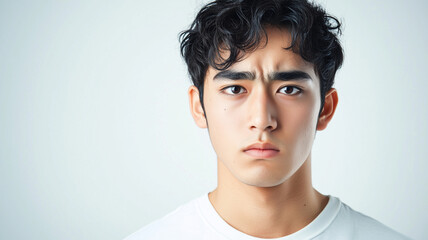 Fototapeta premium 純白背景で深く考え込む若い日本人男性のポートレート