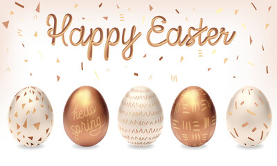 Many beautiful golden realistic eggs. Luxury Happy easter card with eggs. Happy easter. Easter. Easter holiday greeting card. Set Golden Easter eggs. Gold easter eggs. Easter gold decoration set