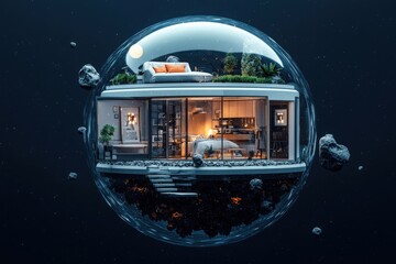Futuristic space-themed home investment concept outer space digital art cosmic environment aerial view innovative design