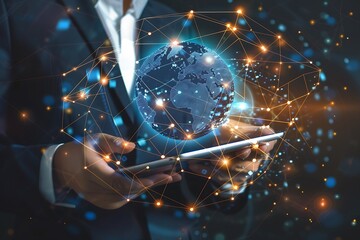 Close up of businessman holding tablet with global network