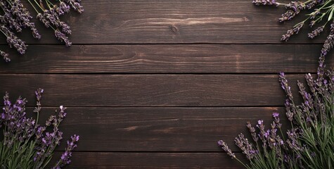 Lavender sprigs frame dark wood background. (1)