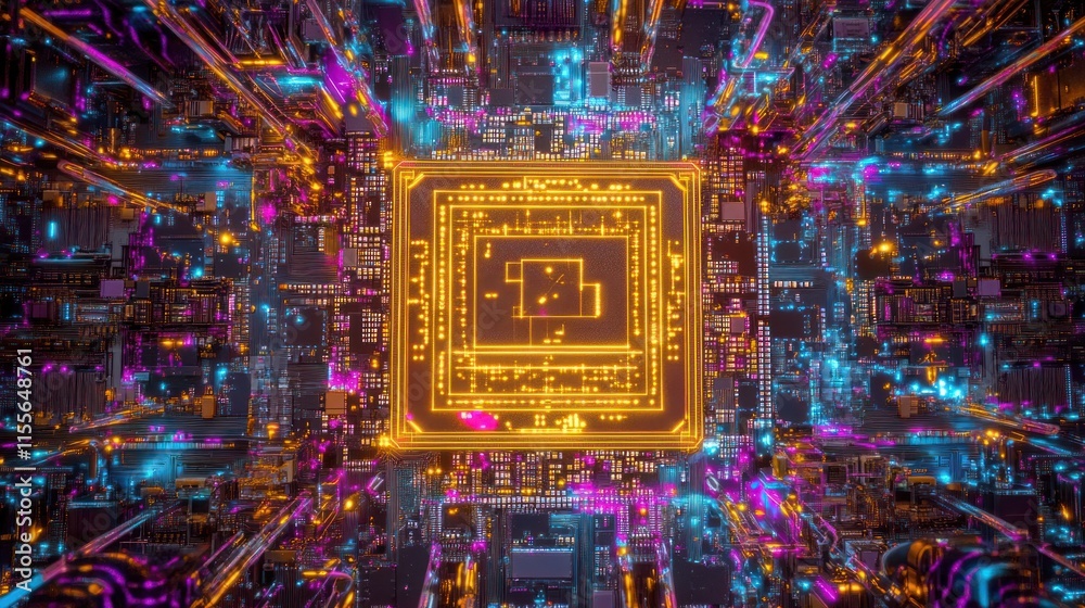 Poster Abstract digital microchip with glowing circuits.