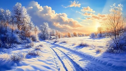 A serene holiday landscape with snow-covered fields under a bright blue horizon
