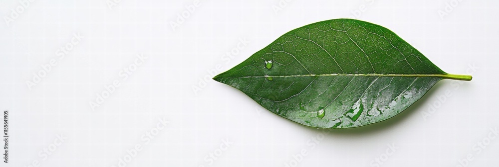 Poster single green leaf showcasing a perfect water droplet on its surface in a serene natural setting. gen