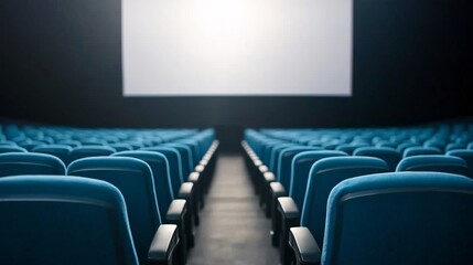 Fototapeta premium Empty Cinema Hall with Blue Chairs and a Blank White Screen Ready for Film Projection in a Modern Theater Environment