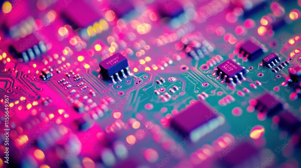 Poster close-up of vibrant pink and teal circuit board with integrated circuits and microchips.