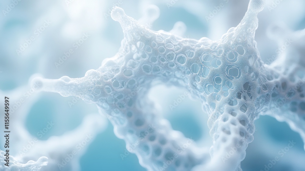 Poster abstract close-up of a porous, light blue, organic structure resembling a network or cellular format