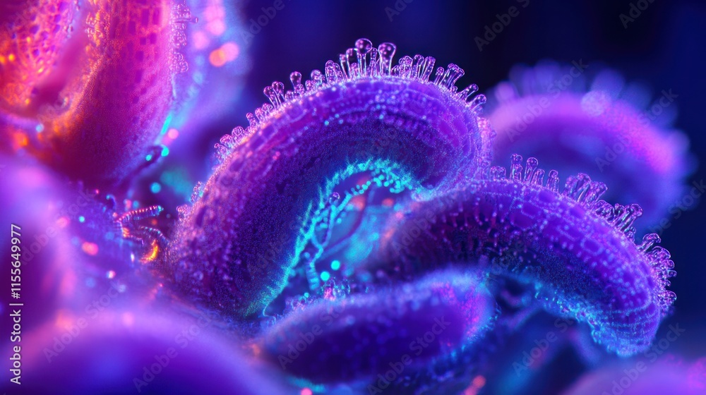 Poster microscopic view of vibrant, bioluminescent, abstract organic structures with glowing particles.
