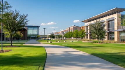 Modern Campus Architecture: A Serene Pathway Through Green Spaces