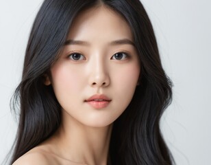 Fototapeta premium Portrait of a beautiful young Asian woman with fresh clean skin and long thick black hair