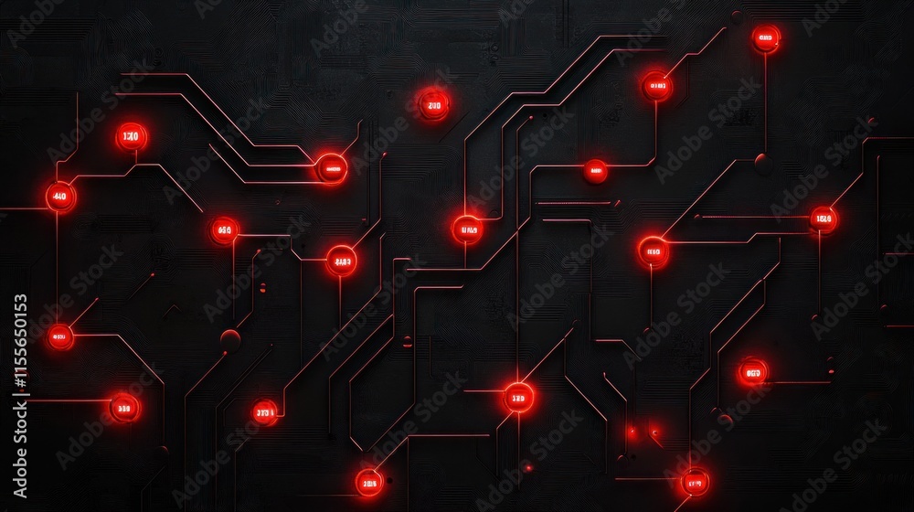 Poster glowing red nodes on dark circuit board.