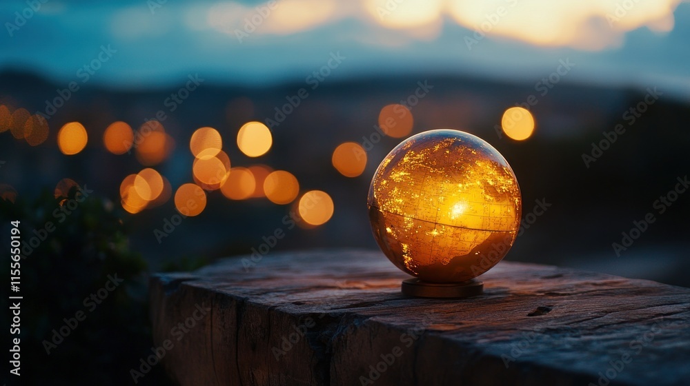 Poster illuminated glass globe rests on weathered stone at twilight, city lights bokeh background.