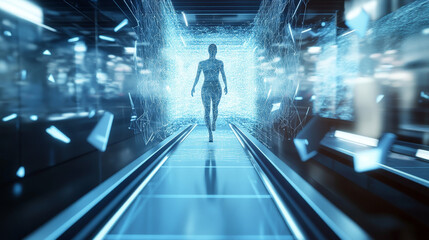 Hologram treadmill. Treadmill made of polygons, triangles, dots, and lines. Low-poly treadmill structure of connections. Technology concept vector.