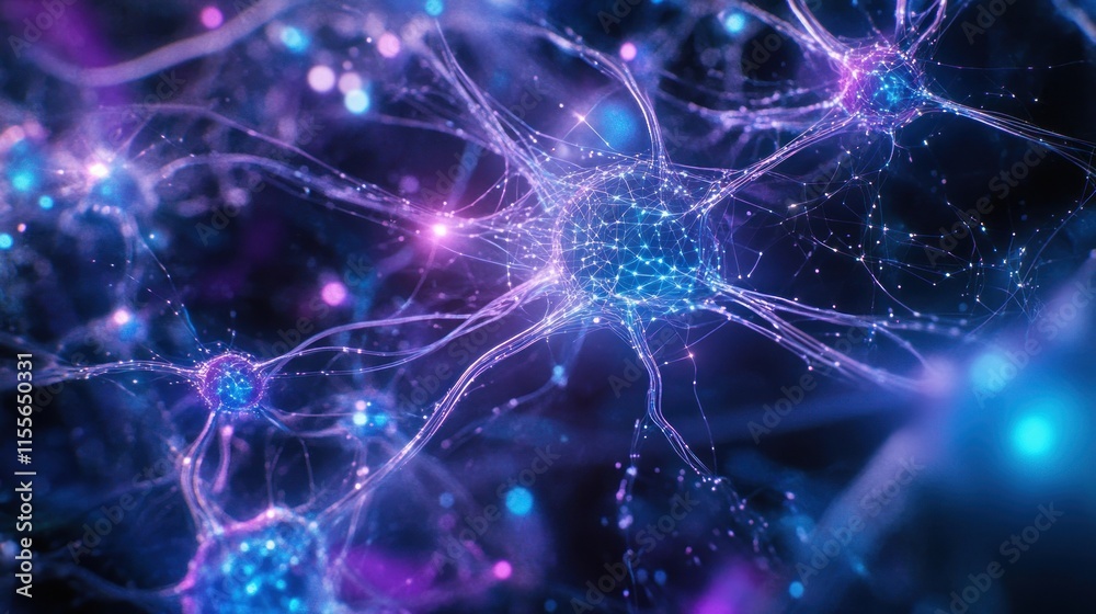 Poster Microscopic view of glowing neuron network, synapses firing, intricate neural connections.