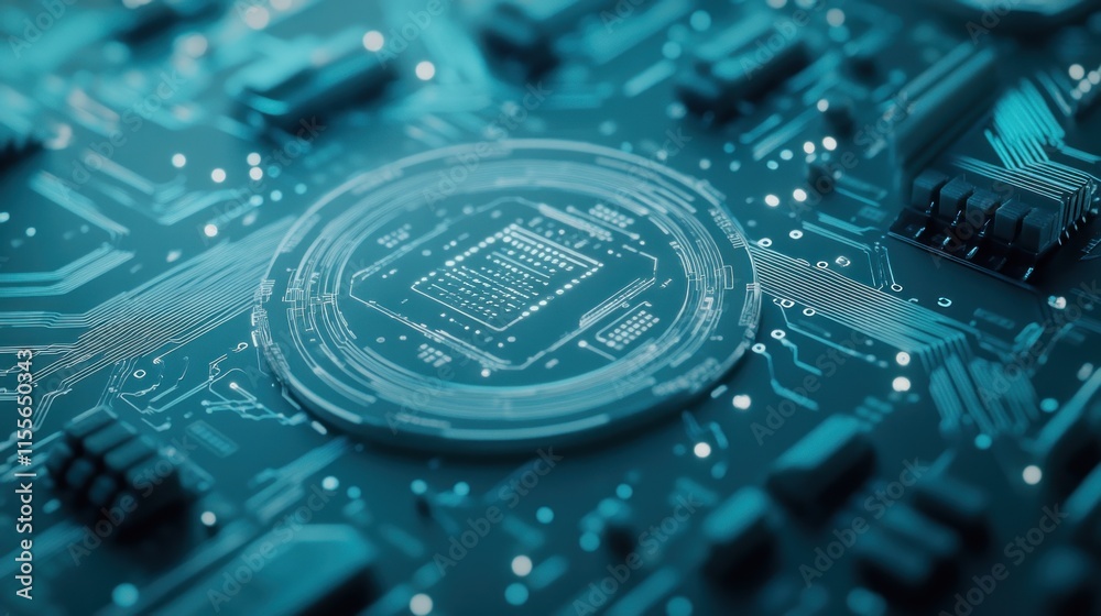 Poster close-up of a central processing unit (cpu) on a circuit board, highlighting its intricate design an
