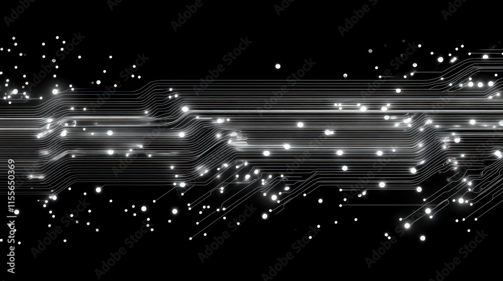 Poster Abstract digital circuit board with glowing lines and particles on black background.