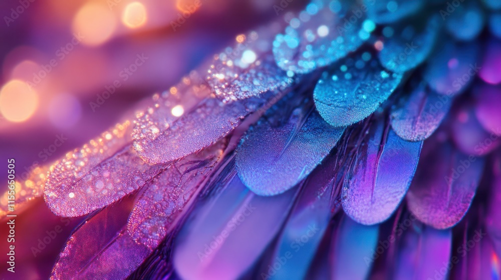 Aufkleber close-up of vibrant, dew-covered feathers with bokeh background.