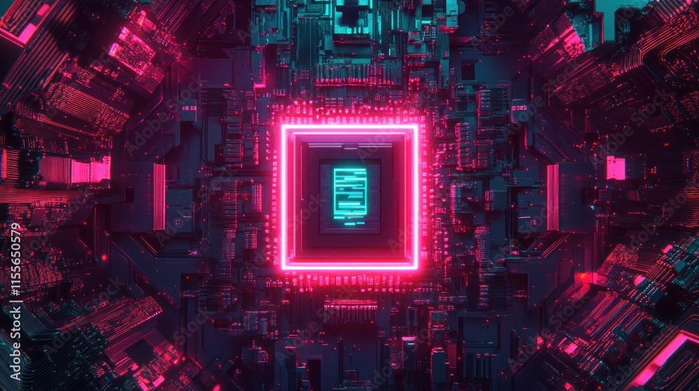 Poster futuristic cpu glowing neon pink square in a complex circuit board.