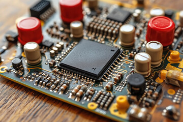 Detailed exploration of a circuit board showing resistors, capacitors, and a microchip. Generative AI