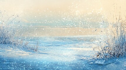 A peaceful snowy landscape with frosty blue tones and shimmering light