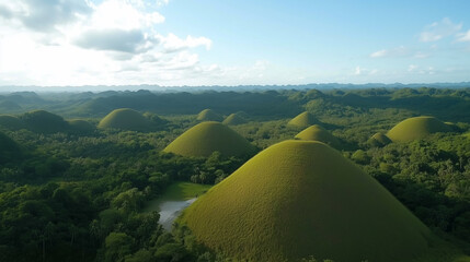 Breathtaking landscape of rolling hills and lush greenery in a tropical paradise at sunrise