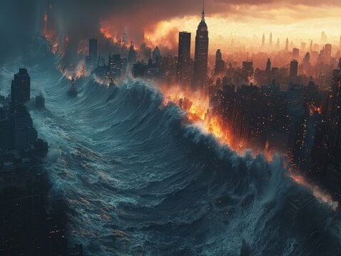 Gigantic tsunami is approaching the city, flashover city cataclysm landscape panorama