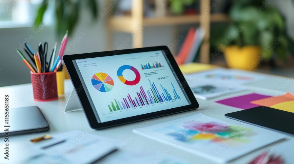 Aufkleber Tablet displaying colorful charts and graphs on a desk with stationery and papers.
