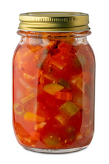 Mixed vegetables cooked in tomato sauce in glass jar isolated. Italian Giardiniera canned in glass jar