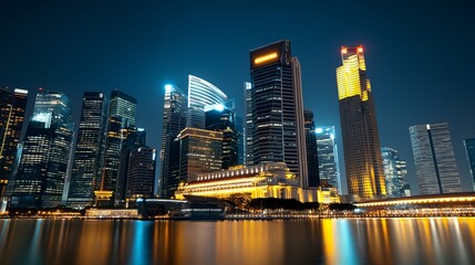 Obraz premium Stunning Nighttime View of Modern Urban Skyscrapers Reflecting on Water in a Vibrant Cityscape Showcasing Architectural Beauty and Innovation