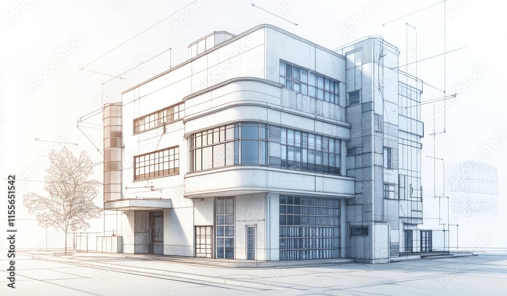 Aufkleber architectural design of a modern building, 3d model with blueprint overlay.
