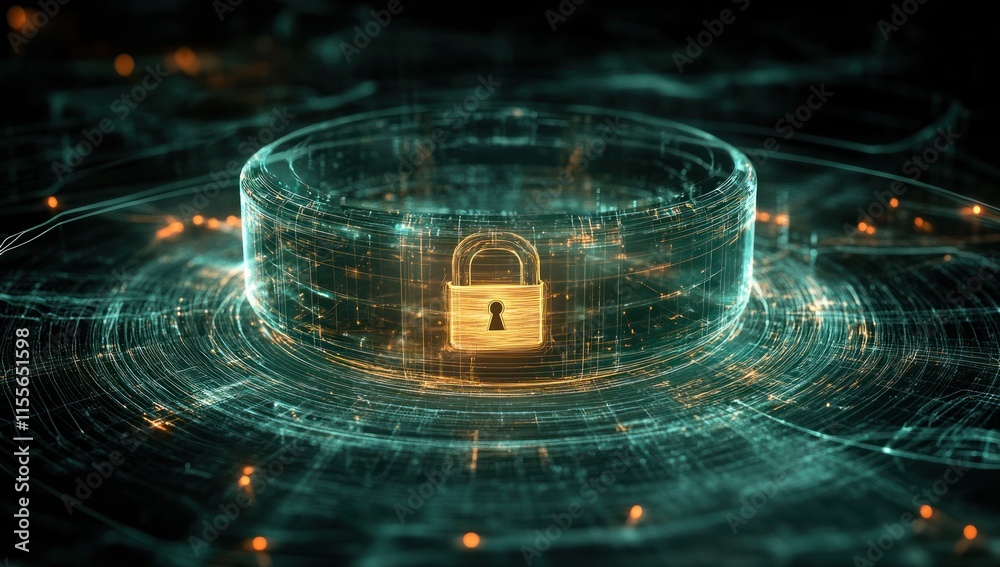 Poster cyber security concept glowing padlock inside digital sphere.