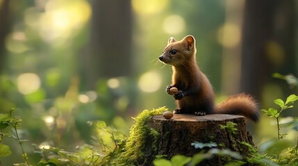 Adorable pine marten kit sitting on mossy stump in forest, holding acorn.