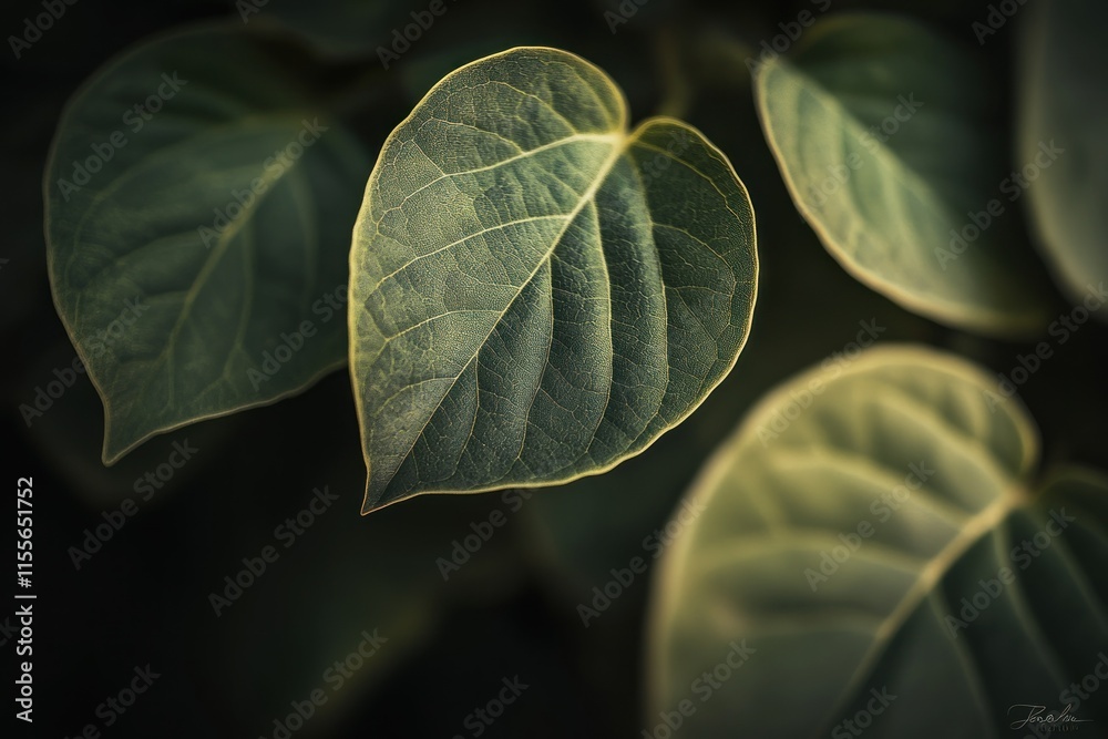 Poster close-up of three heart-shaped leaves with prominent veins, illuminated by soft light against a dark