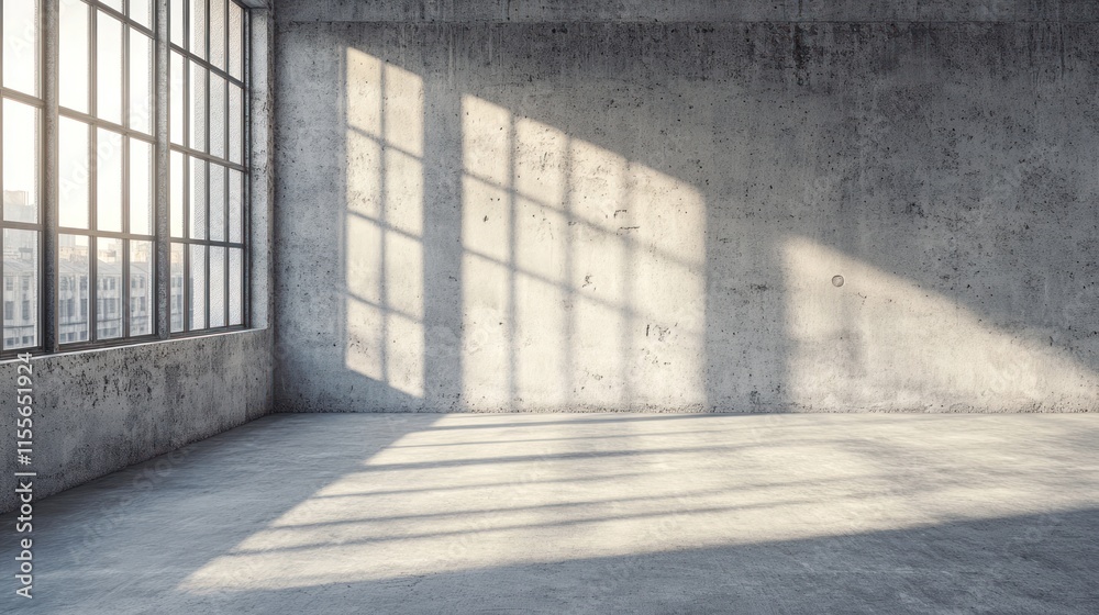 Poster sunlit empty industrial loft interior with large window and concrete walls.
